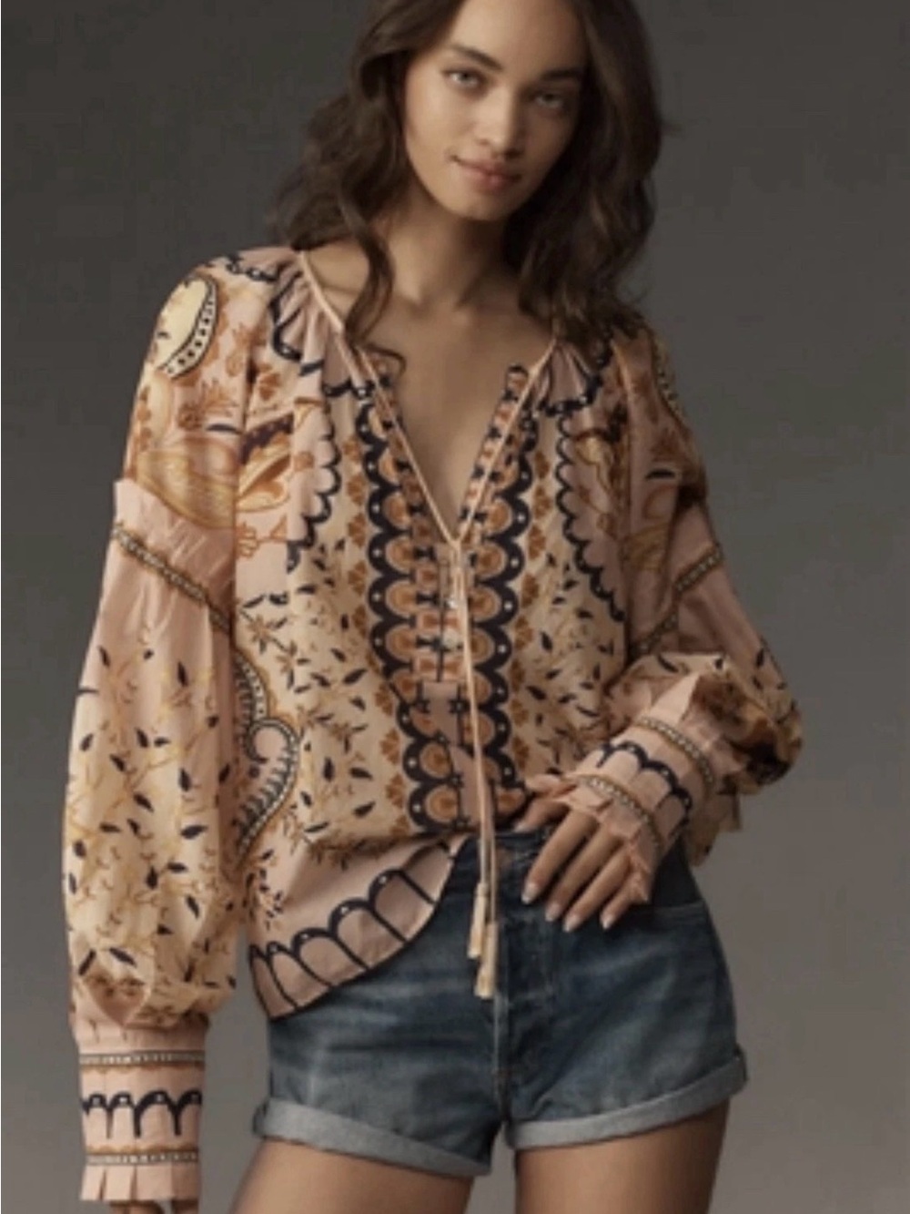FARM Rio Pink Paisley Tie-Neck Peasant Blouse